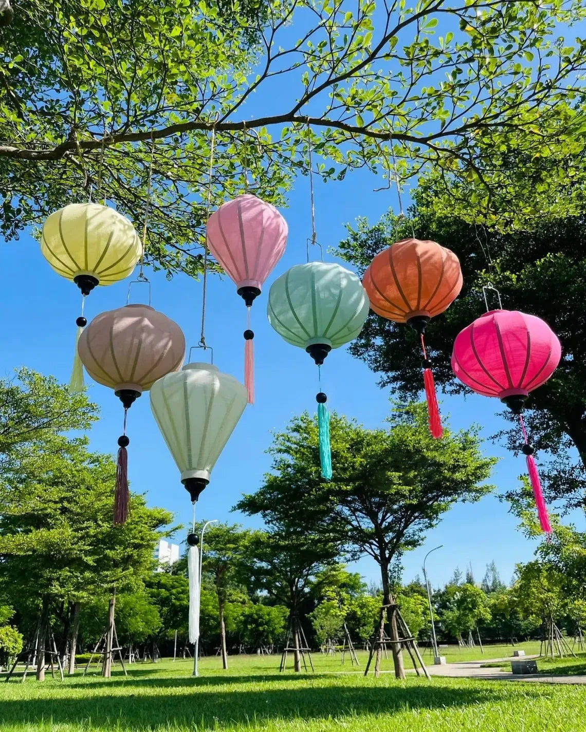 Set of 8 Hoi An Bamboo Lanterns 35cm, Mix Pastel Tone Colors, Wedding & Patio Hanging Decor