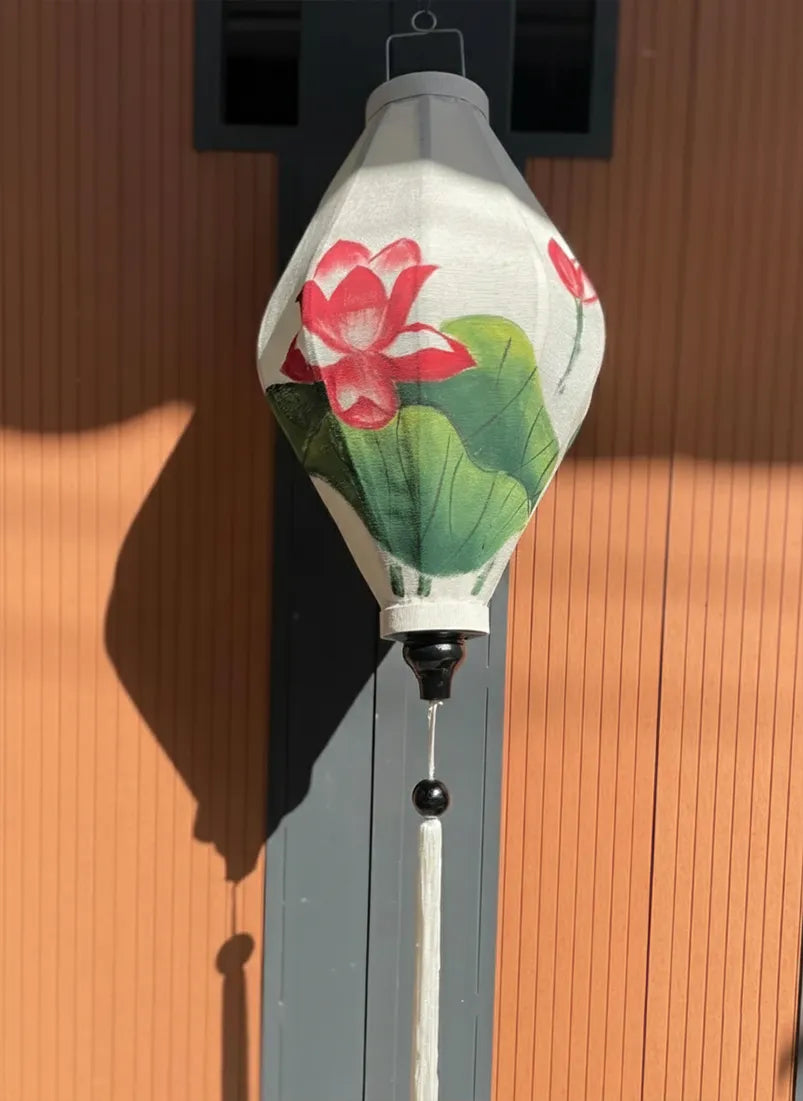 Hoi An Bamboo Lantern 35cm, Hand-Painted Lotus Pattern, Waterproof Outdoor Decor