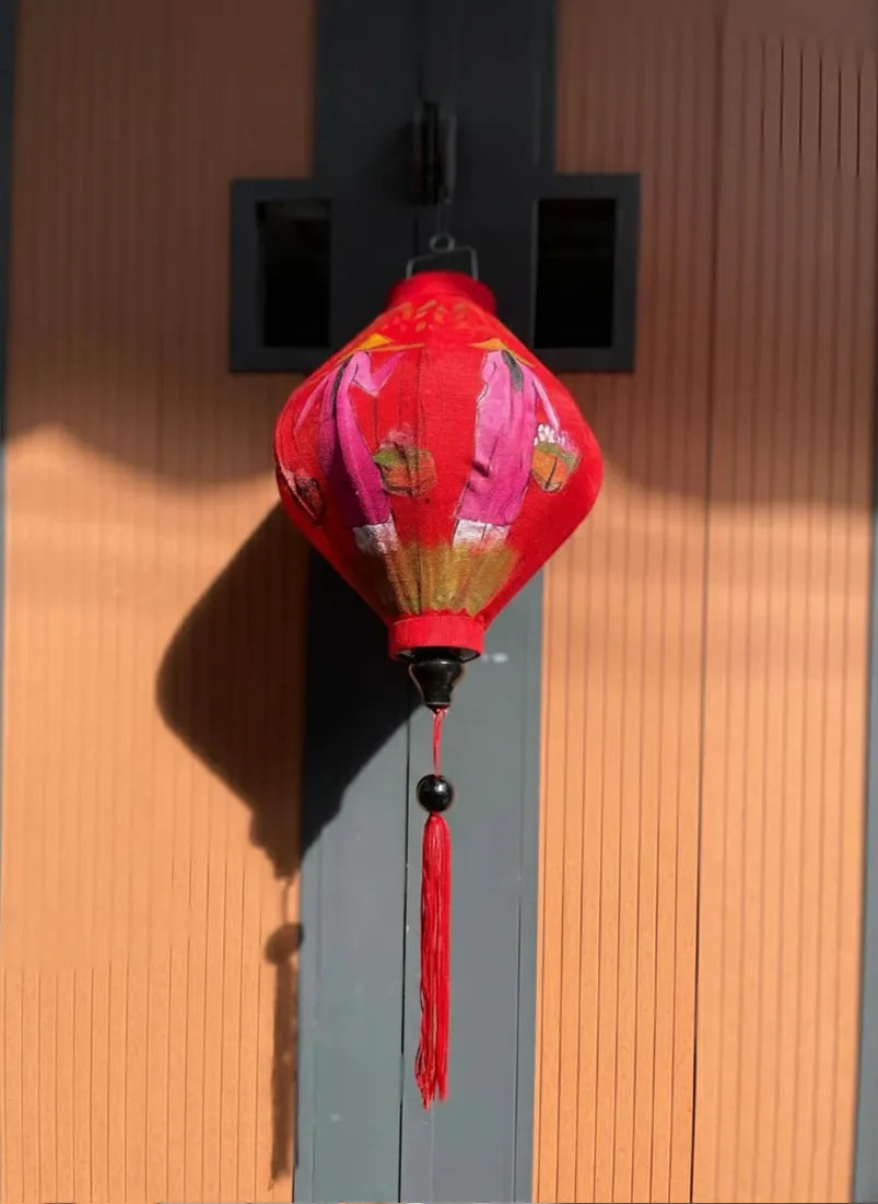 Hoi An Bamboo Lantern 35cm, Hand-Painted Ao Dai & Girl with Flowers, Waterproof Decor