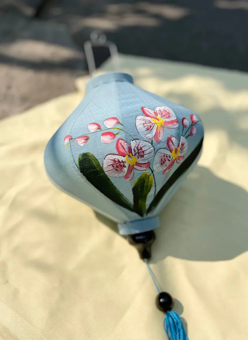 Hoi An Bamboo Lantern 35cm, Hand-Painted Orchid Floral Pattern, Waterproof Outdoor Decor