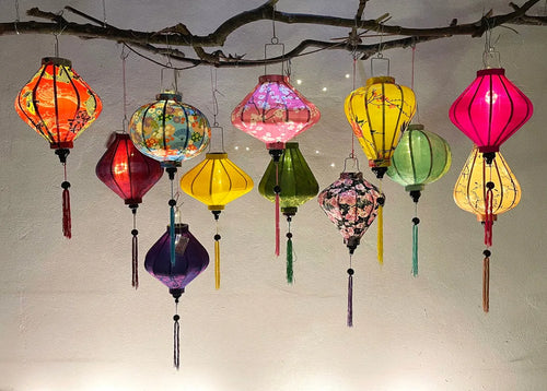 12 Pcs Hoi An Bamboo Lanterns 35cm, Mixed Floral Pattern Set, Decorative Outdoor Lanterns