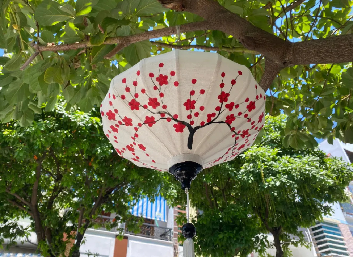 Hoi An Bamboo Lantern 45cm, Hand-Painted Floral Pattern, Waterproof Outdoor Decor