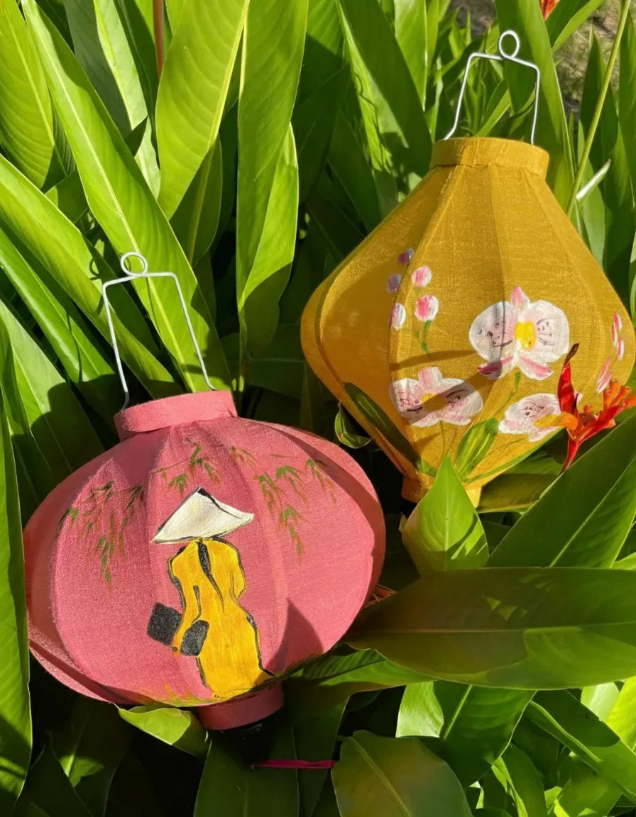 Set of 2 Hoi An Bamboo Lanterns 35cm, Hand-Painted Floral Pattern, Waterproof Decor