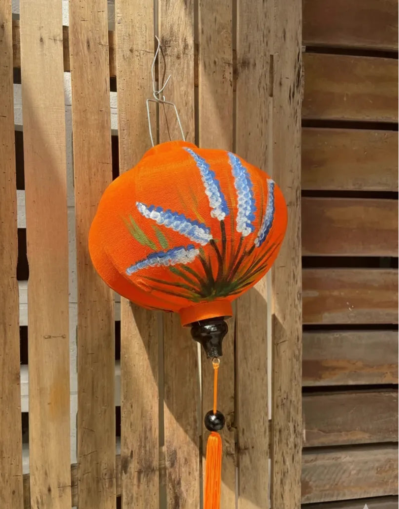 Hoi An Bamboo Lantern 35cm, Hand-Painted Lavender Pattern, Waterproof Outdoor Decor