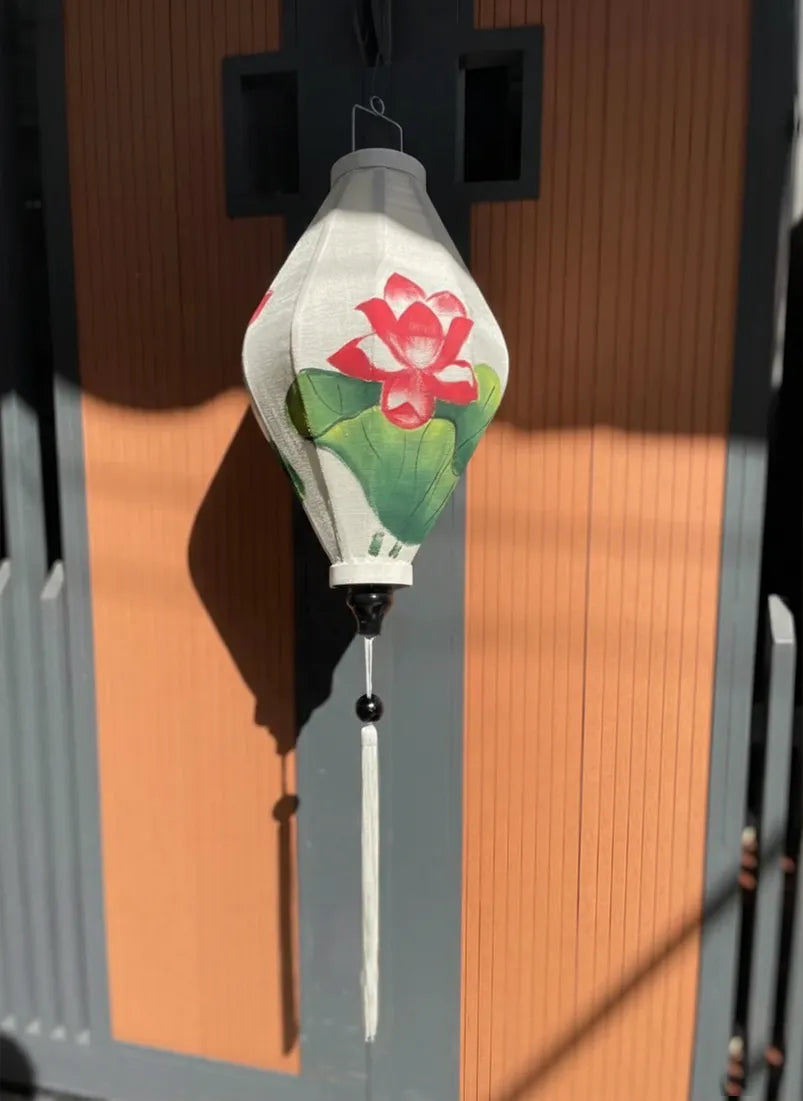 Hoi An Bamboo Lantern 35cm, Hand-Painted Lotus Pattern, Waterproof Outdoor Decor
