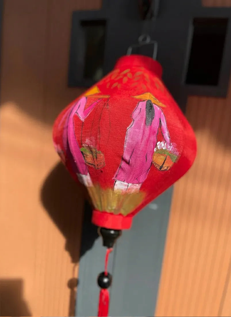 Hoi An Bamboo Lantern 35cm, Hand-Painted Ao Dai & Girl with Flowers, Waterproof Decor