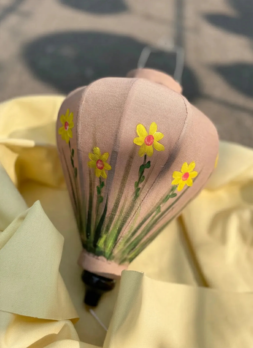 Hoi An Bamboo Lantern 35cm, Hand-Painted Yellow Floral Pattern, Waterproof Outdoor Decor