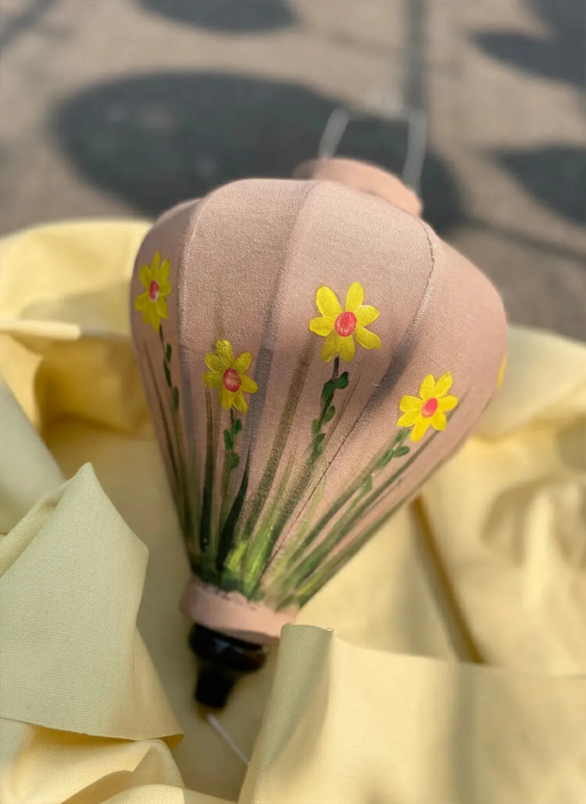 Hoi An Bamboo Lantern 35cm, Hand-Painted Yellow Floral Pattern, Waterproof Outdoor Decor