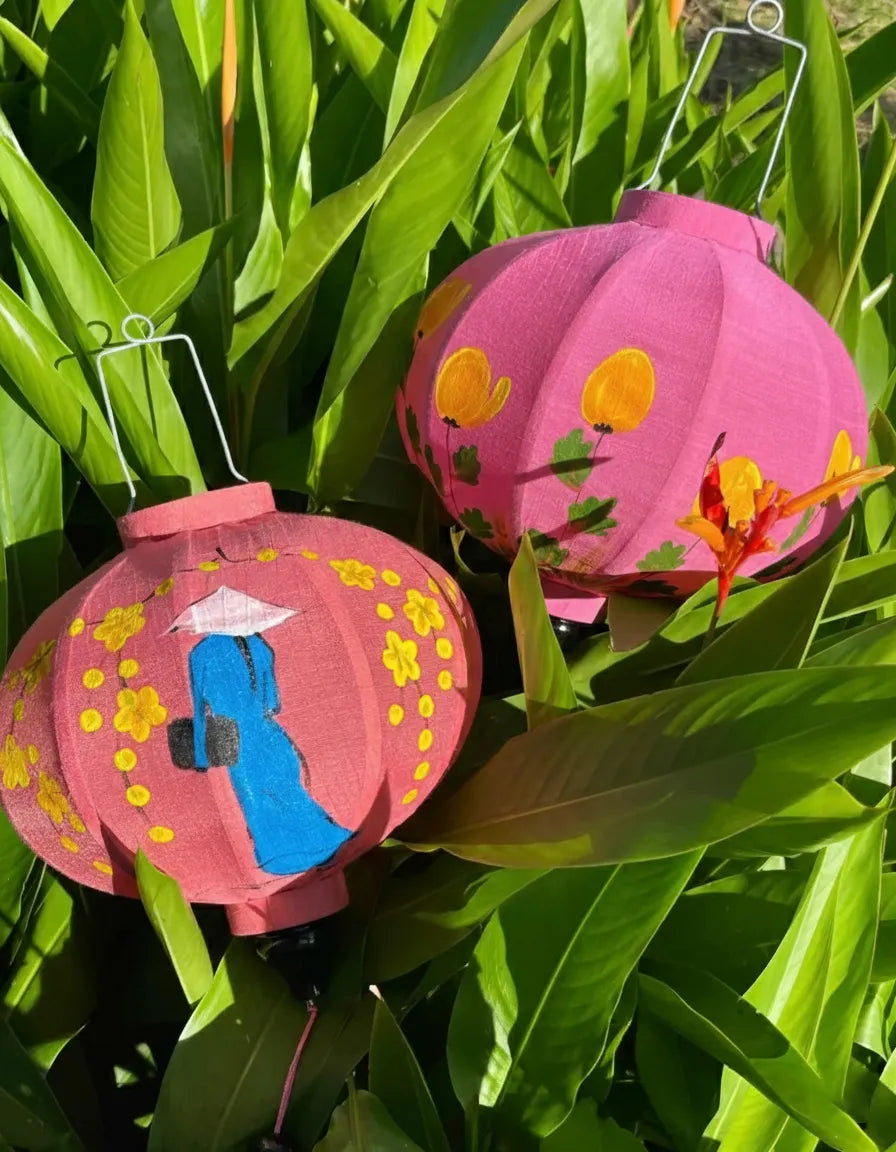 Set of 2 Hoi An Bamboo Lanterns 35cm, Hand-Painted Floral Pattern, Waterproof Decor