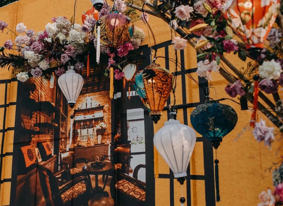 Set of 8 Hoi An Bamboo Silk Lanterns 35cm, Mixed Colors, Waterproof Outdoor Decoration