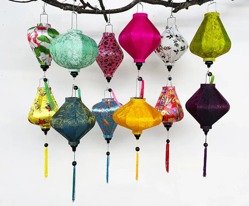 12 Pcs Hoi An Bamboo Lanterns 35cm, Mixed Floral Pattern Set, Decorative Outdoor Lanterns