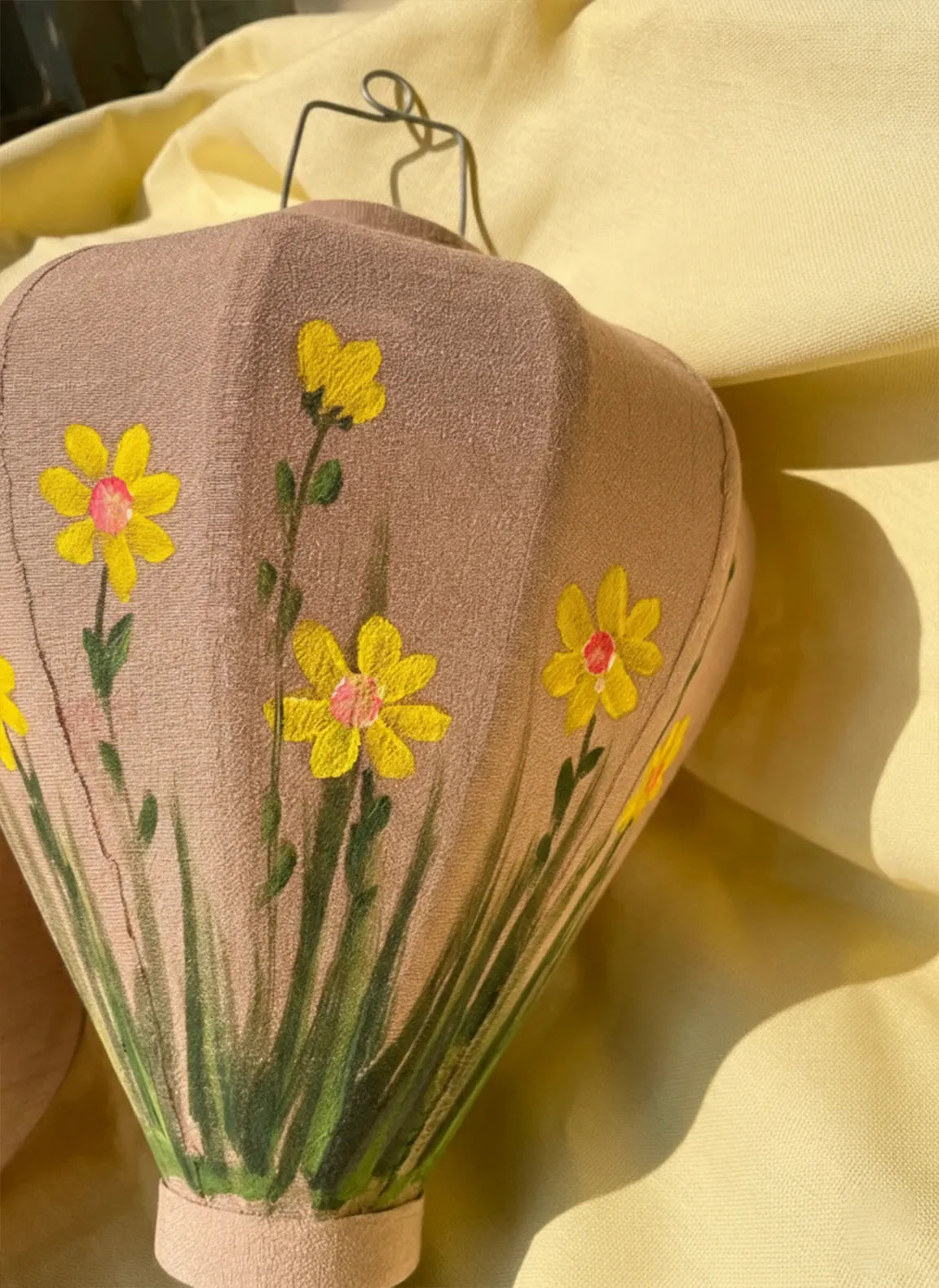 Hoi An Bamboo Lantern 35cm, Hand-Painted Yellow Floral Pattern, Waterproof Outdoor Decor