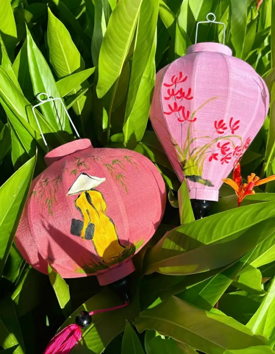 Set of 2 Hoi An Bamboo Lanterns 35cm, Hand-Painted Floral Pattern, Waterproof Decor