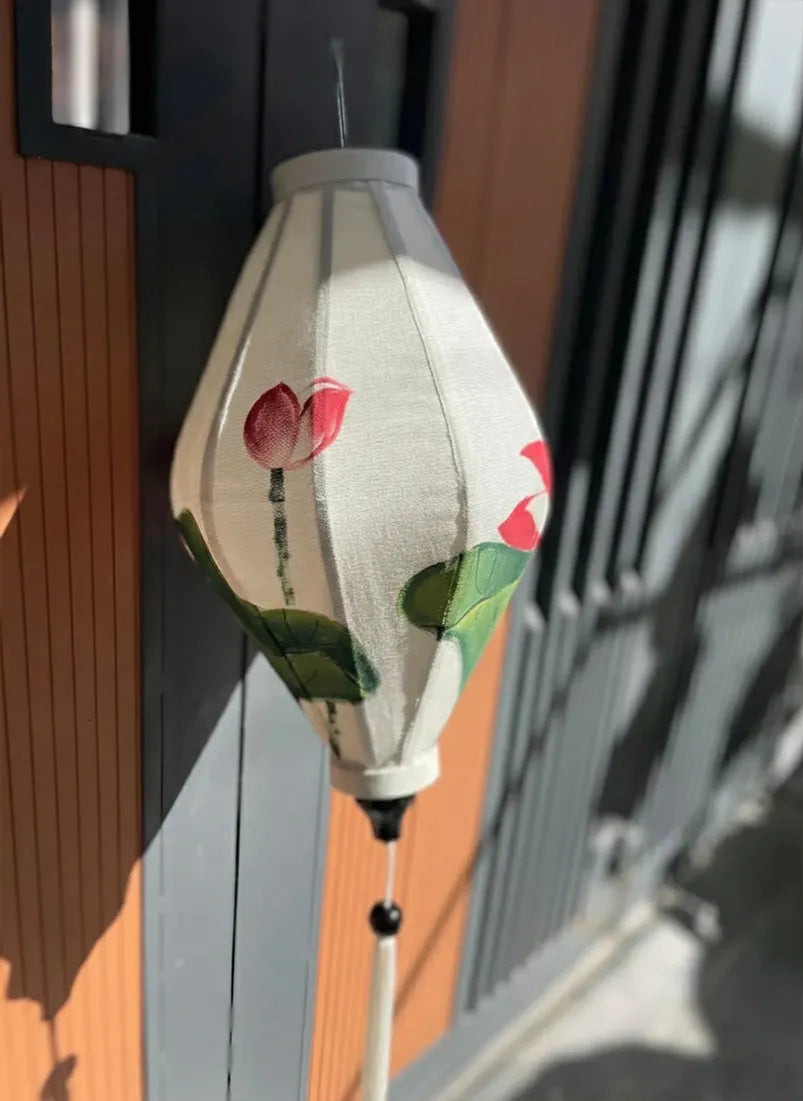 Hoi An Bamboo Lantern 35cm, Hand-Painted Lotus Pattern, Waterproof Outdoor Decor