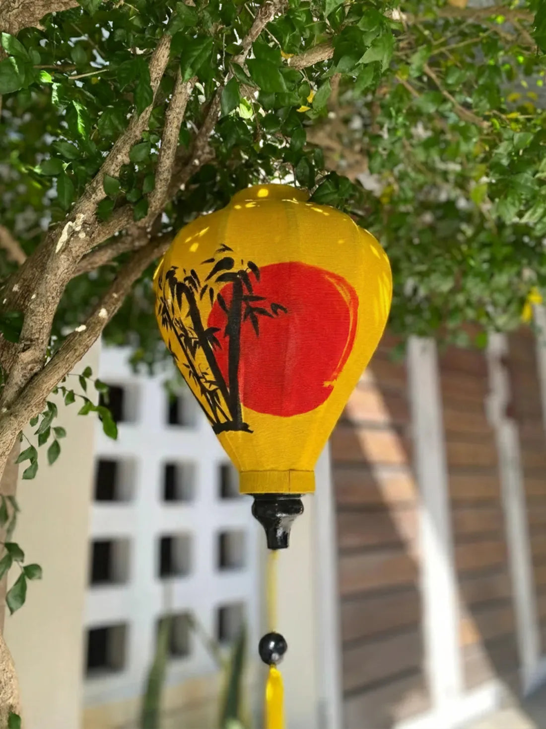 Hoi An Bamboo Lantern 35cm, Hand-Painted Japanese Pattern, Waterproof Outdoor Decor
