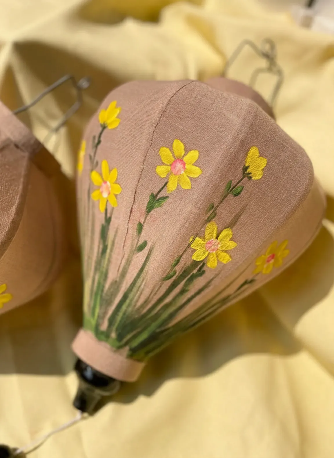 Hoi An Bamboo Lantern 35cm, Hand-Painted Yellow Floral Pattern, Waterproof Outdoor Decor