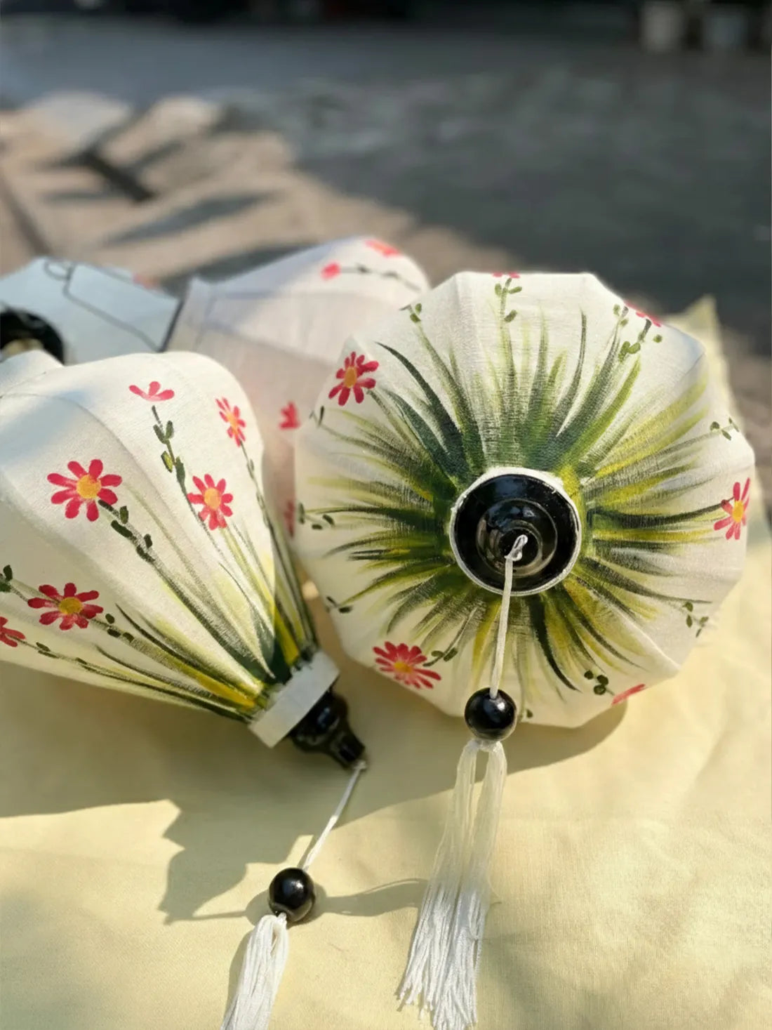 Hoi An Bamboo Lantern 35cm, Hand-Painted Floral Pattern, Waterproof Outdoor Decor
