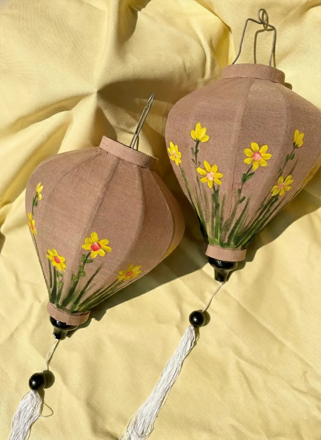 Hoi An Bamboo Lantern 35cm, Hand-Painted Yellow Floral Pattern, Waterproof Outdoor Decor