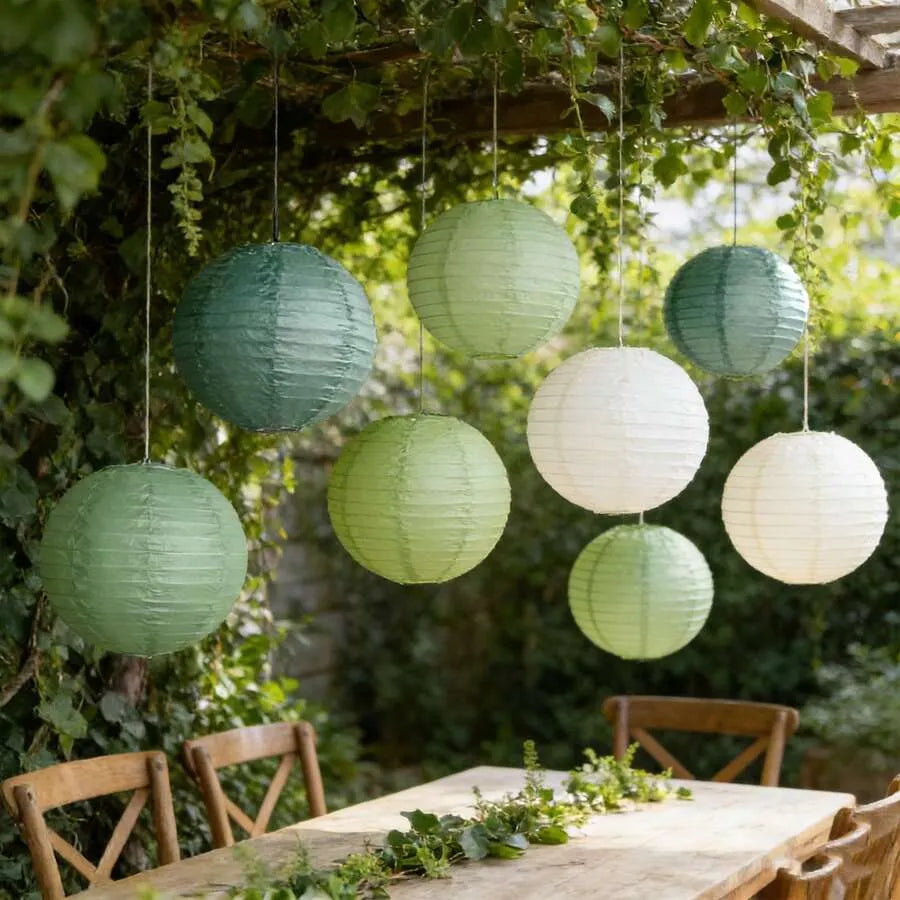 12 Pcs Paper Lanterns 15cm, Sage Green And Ivory Hanging Decor, Rustic Home & Patio Accent