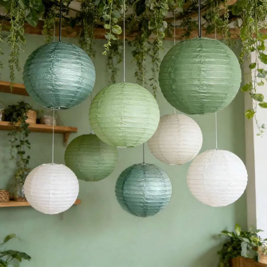 12 Pcs Paper Lanterns 15cm, Sage Green And Ivory Hanging Decor, Rustic Home & Patio Accent