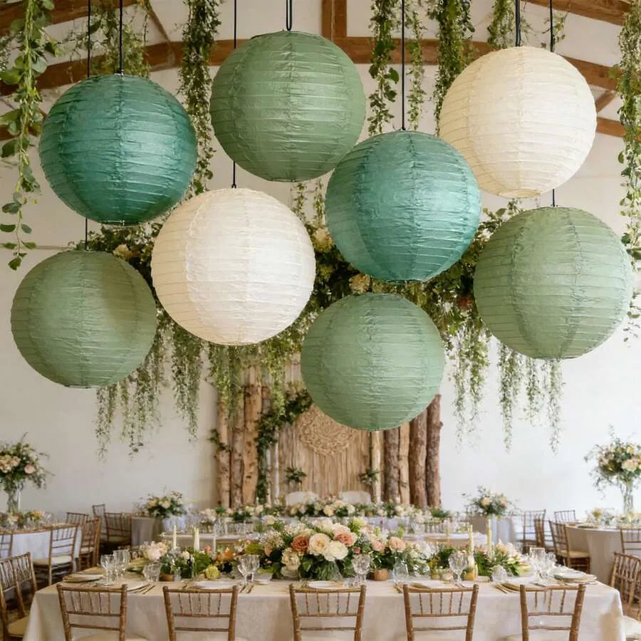 12 Pcs Paper Lanterns 15cm, Sage Green And Ivory Hanging Decor, Rustic Home & Patio Accent