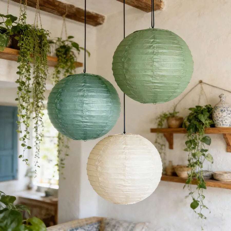 12 Pcs Paper Lanterns 15cm, Sage Green And Ivory Hanging Decor, Rustic Home & Patio Accent