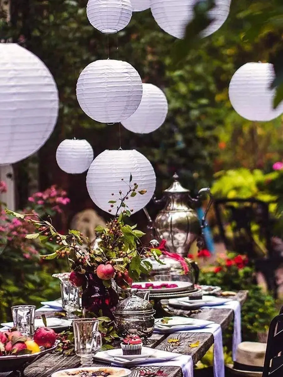 White Paper Lanterns 30cm Set, Minimal Round Hanging Decor, Wedding & Patio Lighting