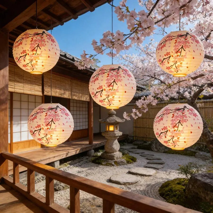 Paper Lantern 30cm Set, Cherry Blossom Hand Painted Paper Lantern