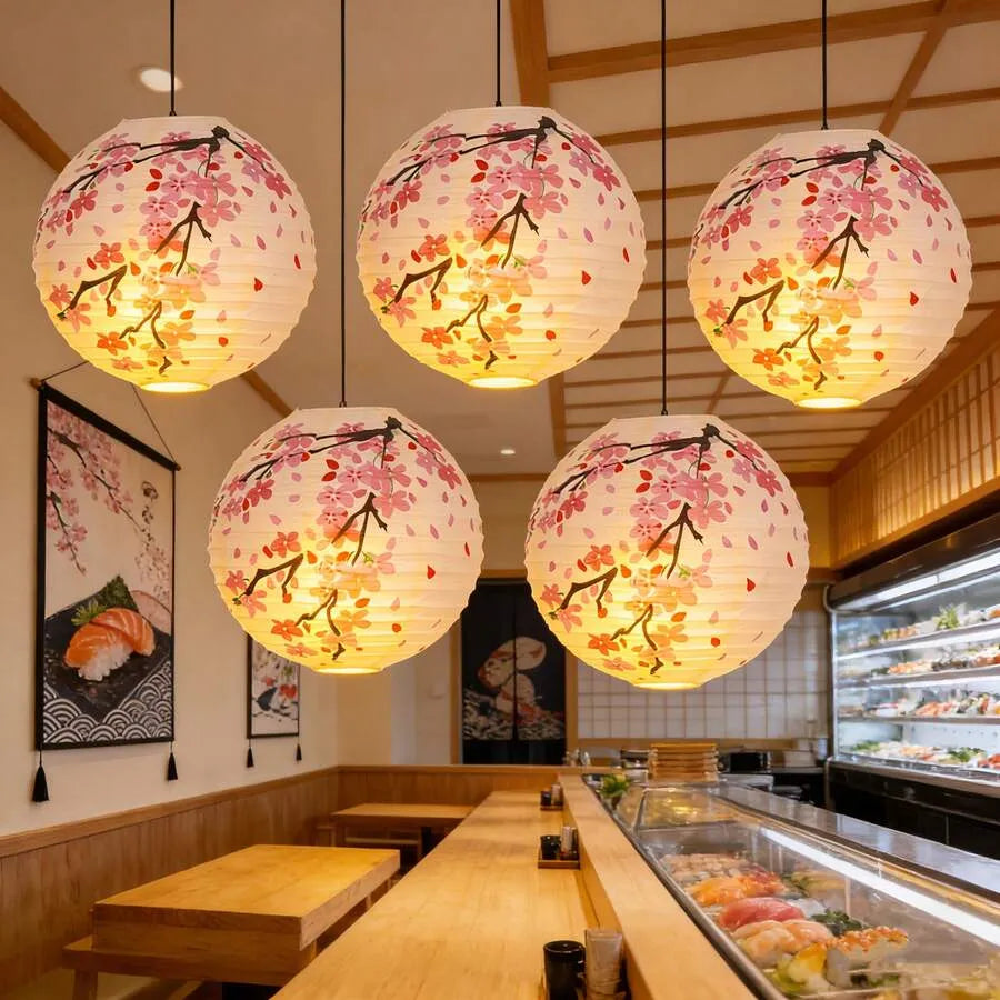 Paper Lantern 30cm Set, Cherry Blossom Hand Painted Paper Lantern
