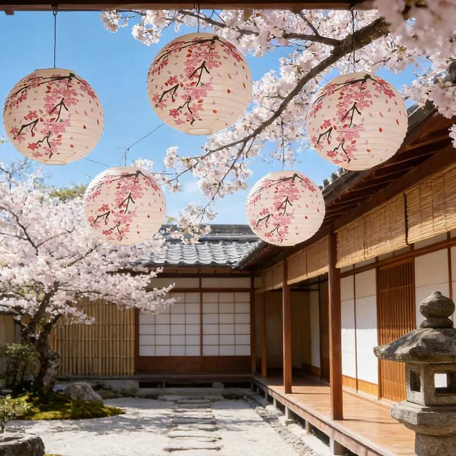 Paper Lantern 30cm Set, Cherry Blossom Hand Painted Paper Lantern