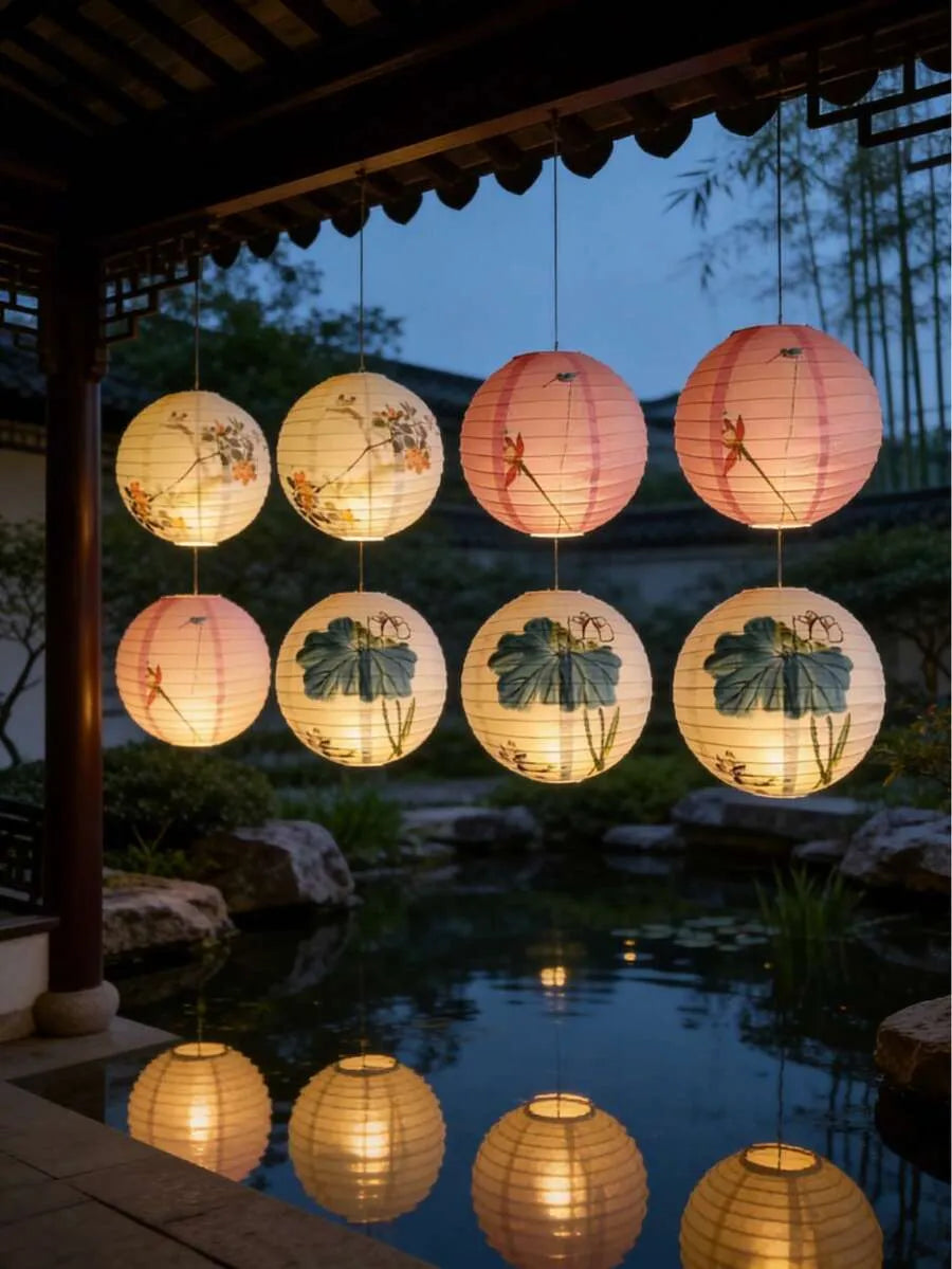 Floral Art Paper Lanterns 30cm Set, Garden Hanging Decor