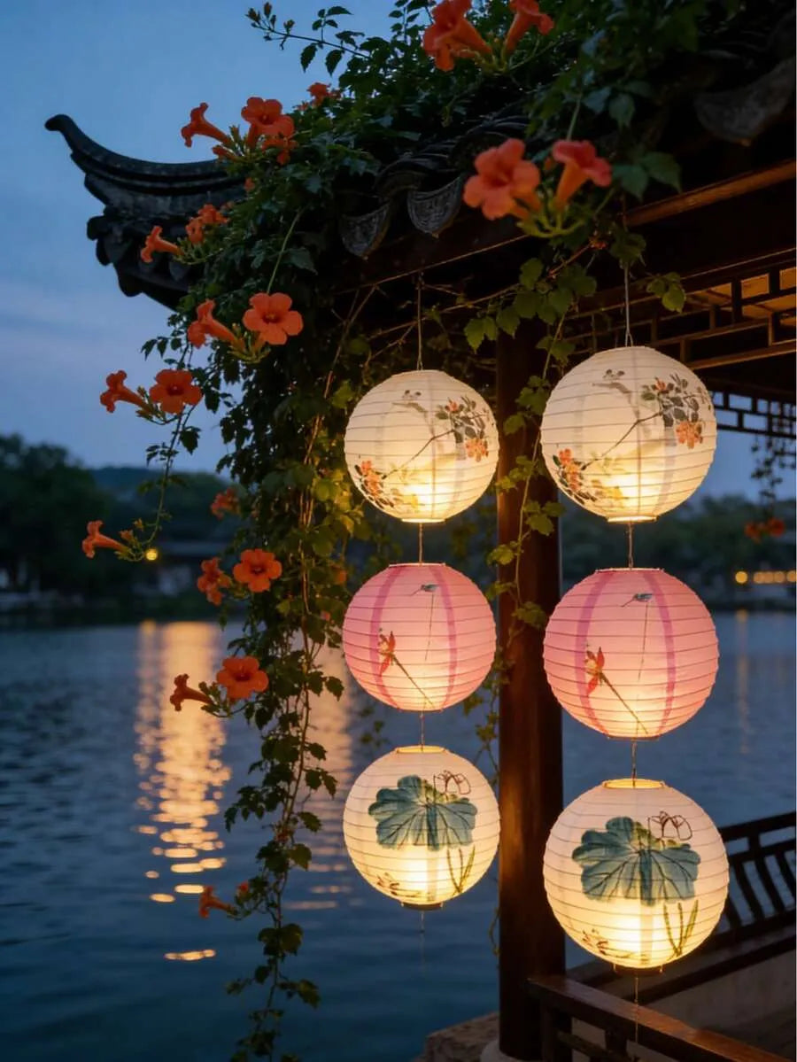 Floral Art Paper Lanterns 30cm Set, Garden Hanging Decor