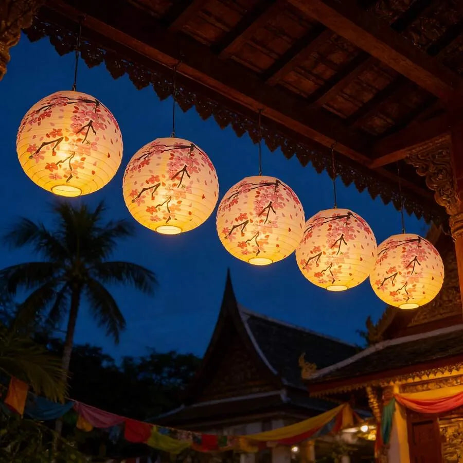 Paper Lantern 30cm Set, Cherry Blossom Hand Painted Paper Lantern