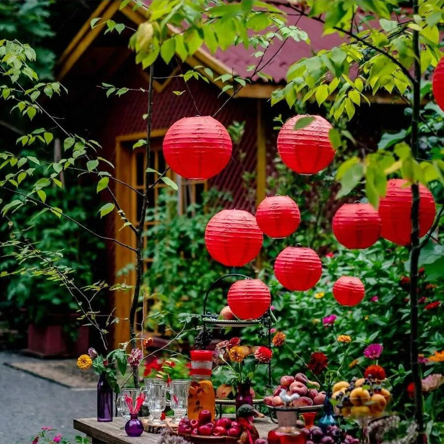 Red Paper Lanterns 30cm Set, Traditional Round Hanging Decor, Festival & Patio Lighting