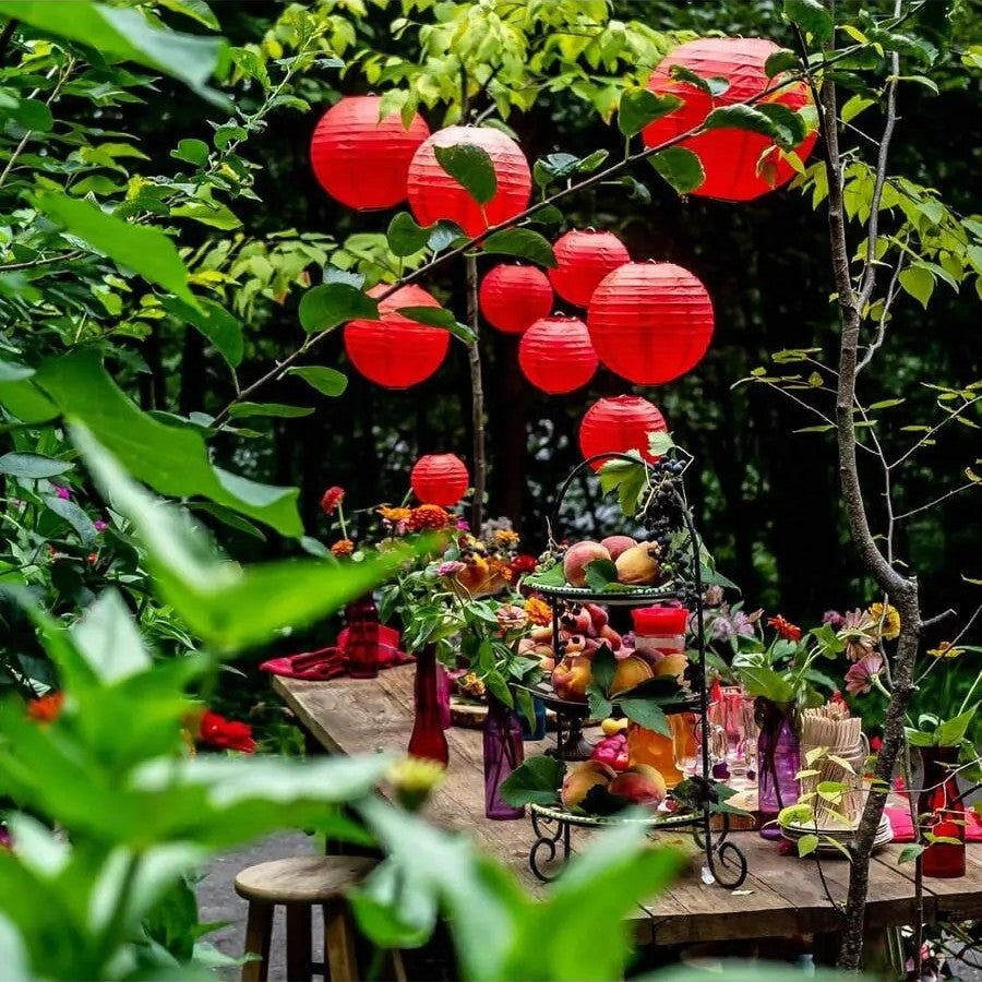 Red Paper Lanterns 30cm Set, Traditional Round Hanging Decor, Festival & Patio Lighting