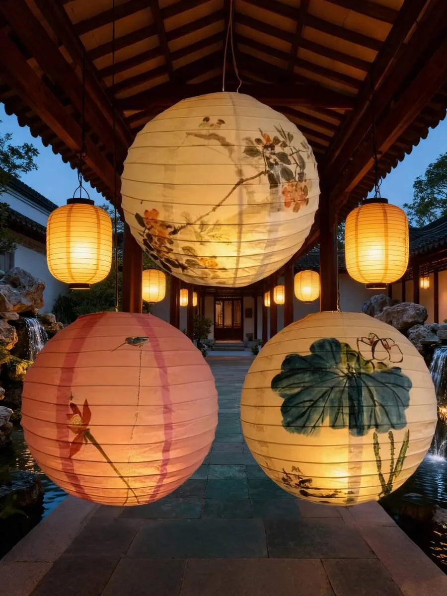 Floral Art Paper Lanterns 30cm Set, Garden Hanging Decor