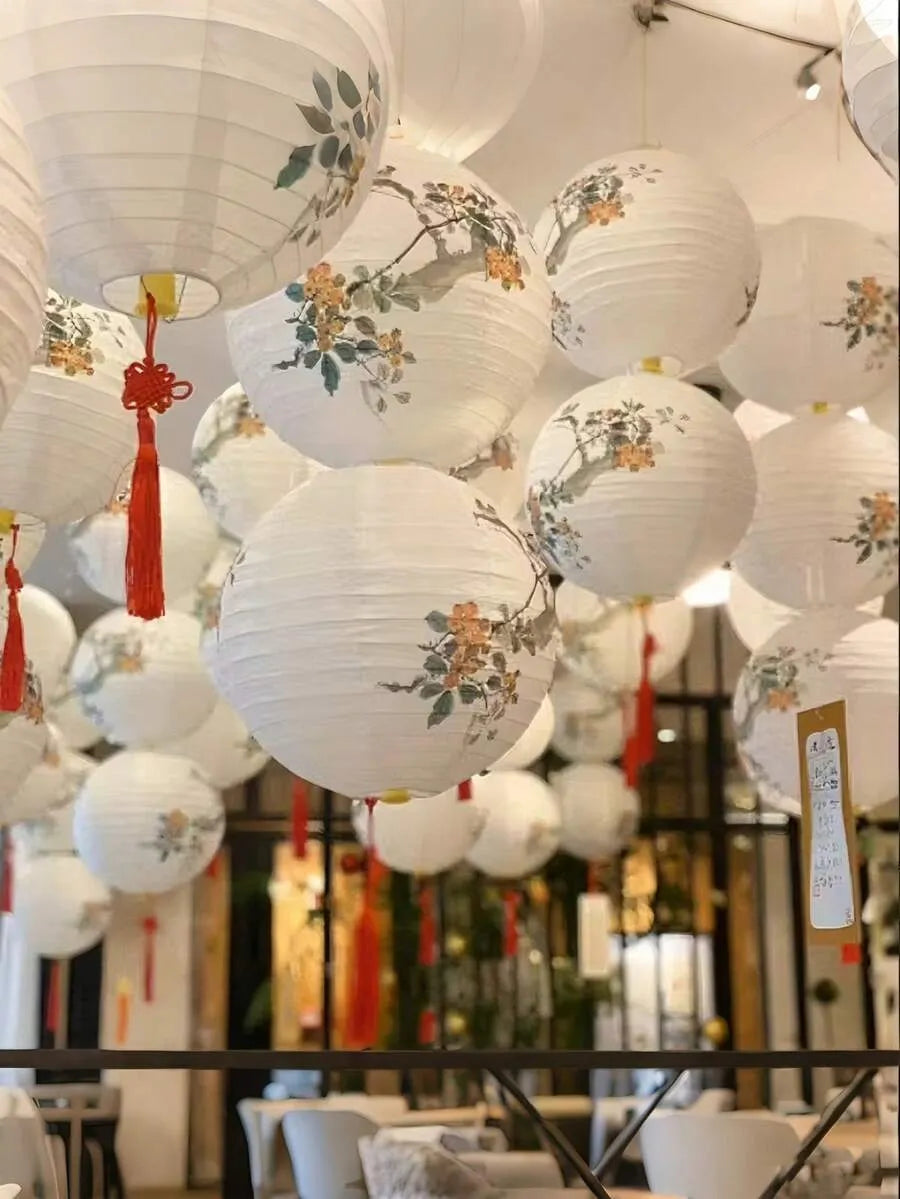Floral Art Paper Lanterns 30cm Set, Garden Hanging Decor