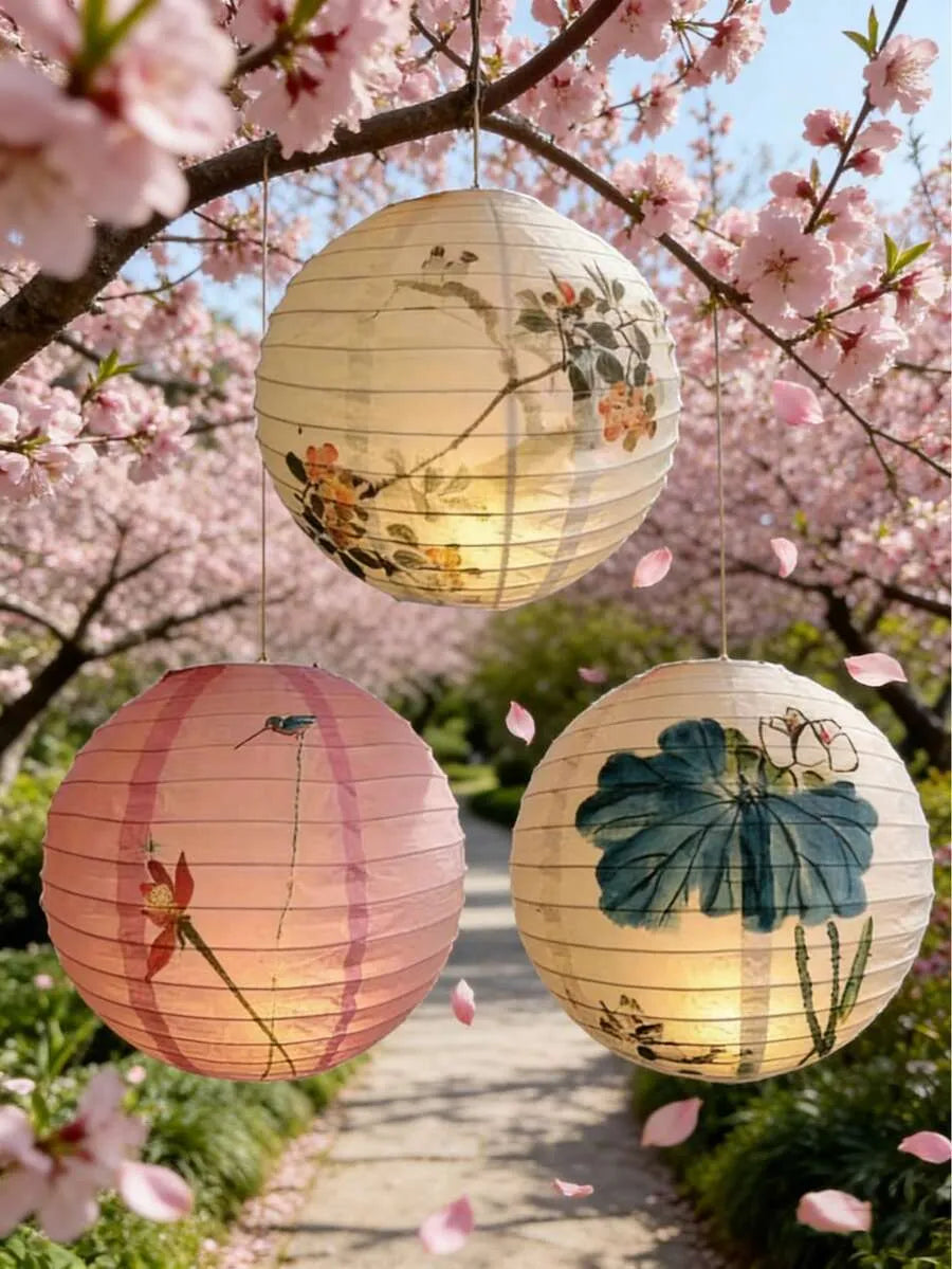 Floral Art Paper Lanterns 30cm Set, Garden Hanging Decor