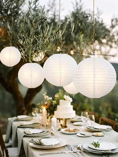 White Paper Lanterns 30cm Set, Minimal Round Hanging Decor, Wedding & Patio Lighting